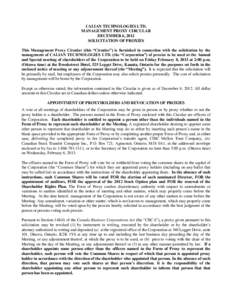 CALIAN TECHNOLOGIES LTD. MANAGEMENT PROXY CIRCULAR DECEMBER 6, 2012 SOLICITATION OF PROXIES This Management Proxy Circular (this “Circular”) is furnished in connection with the solicitation by the management of CALIA