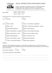 EQUAL OPPORTUNITIES MONITORING FORM Langley Castle Hotel is committed to a policy of Equal Opportunities in Employment. One of the aims of this policy is to ensure that discrimination on the grounds of race or sex, or di