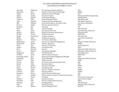 2012 NETA CONFERENCE REGISTRATION LIST AS OF FRIDAY, OCTOBER 19, 2012 Aaronson Abernathy Adams Agnew