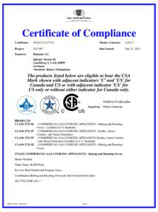 Certificate of Compliance Certificate: [removed])  Master Contract: