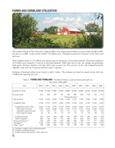 FARMS AND FARMLAND UTILIZATION  The number of farms in New York (places selling $1,000 or more of agricultural products in a year) totaled 36,600 in 2009, the same as in[removed]Land in farms totaled 7.10 million acres. Fa