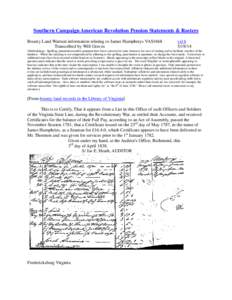 Southern Campaign American Revolution Pension Statements & Rosters Bounty Land Warrant information relating to James Humphreys VAS1668 Transcribed by Will Graves vsl[removed]