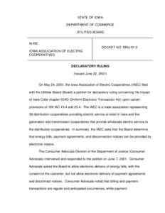 STATE OF IOWA DEPARTMENT OF COMMERCE UTILITIES BOARD IN RE: DOCKET NO. DRU-01-2