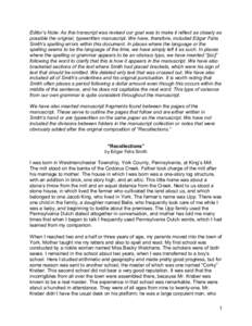 Editor’s Note: As this transcript was revised our goal was to make it reflect as closely as  possible the original, typewritten manuscript. We have, therefore, included Edgar Fahs  Smith’s