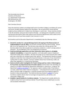 May 1, 2015 The Honorable Arne Duncan Secretary of Education U.S. Department of Education 400 Maryland Ave, SW Washington, DC 20202