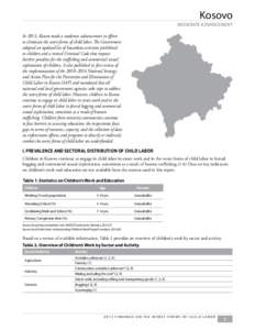 Kosovo  MODERATE ADVANCEMENT In 2013, Kosovo made a moderate advancement in efforts to eliminate the worst forms of child labor. The Government adopted an updated list of hazardous activities prohibited