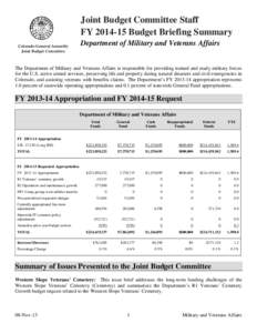 Joint Budget Committee Staff FY[removed]Budget Briefing Summary Colorado General Assembly Joint Budget Committee  Department of Military and Veterans Affairs