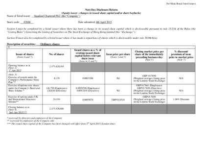 For Main Board listed issuers  Next Day Disclosure Return (Equity issuer - changes in issued share capital and/or share buybacks) Name of listed issuer: __Standard Chartered PLC (the “Company”) Stock code: