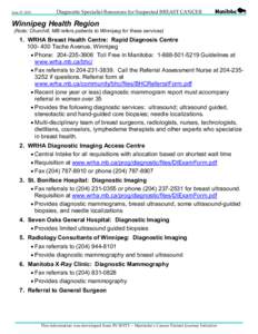 June 27, 2013  Diagnostic Specialist Resources for Suspected BREAST CANCER Winnipeg Health Region (Note: Churchill, MB refers patients to Winnipeg for these services)