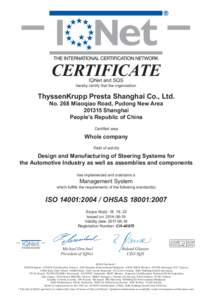 CERTIFICATE IQNet and SQS hereby certify that the organisation  ThyssenKrupp Presta Shanghai Co., Ltd.