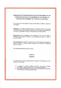 Memorandum of Understanding for the Strengthening of the Cooperation Between the Government of the Republic of Peru and the Government of the State of California