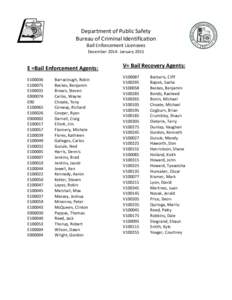 Department of Public Safety Bureau of Criminal Identification Bail Enforcement Licensees December[removed]January[removed]E =Bail Enforcement Agents: