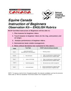 Equine Canada Instruction of Beginners Observation Kit— ENGLISH Rubrics NCCP Certified Instructors of Beginners will be able to: 1. Plan lessons for beginner riders 2. Teach lessons to beginner riders (in the ring, unm