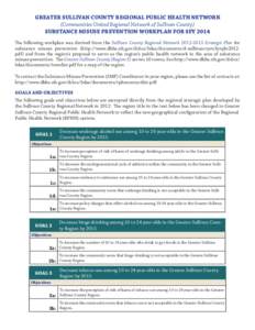 GREATER SULLIVAN COUNTY REGIONAL PUBLIC HEALTH NETWORK (Communities United Regional Network of Sullivan County) SUBSTANCE MISUSE PREVENTION WORKPLAN FOR SFY 2014 The following workplan was derived from the Sullivan Count