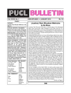 PUCL BULLETIN Vol. XXXIII, No. 1 Inside : OBITUARY: (Justice) Ram Bhushan Mehrotra Is No More (1)