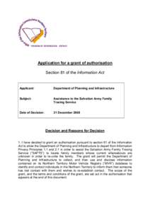 Application for a grant of authorisation  Section 81 of the Information Act  Applicant:   Department of Planning and Infrastructure 