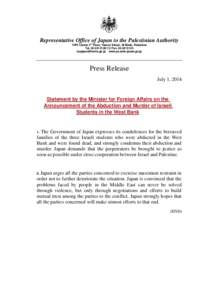 Representative Office of Japan to the Palestinian Authority VIP2 Center 3rd Floor, Yazoor Street, Al-Bireh, Palestine Tel[removed]Fax[removed]removed] www.ps.emb-japan.go.jp  Press Release