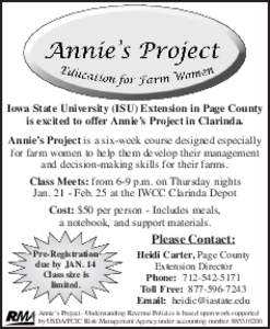 Iowa State University (ISU) Extension in Page County is excited to offer Annie’s Project in Clarinda. Annie’s Project is a six-week course designed especially for farm women to help them develop their management and 