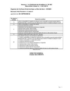 Anexa nr. 1 la Certificatul de Acreditare nr. OV 003 Data emiterii Anexei nr. 1: Organism de Verificare Emisii de Gaze cu Efect de Seră - OVEGES Bucureşti, B-dul Preciziei nr. 6, sector 6  aparţinând de SC