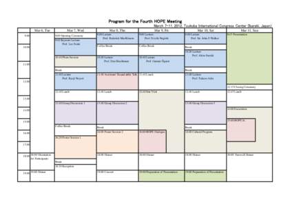 Program for the Fourth HOPE Meeting March 7-11, 2012, Tsukuba International Congress Center (Ibaraki, Japan) Mar 6, Tue 9:00  Mar 7, Wed