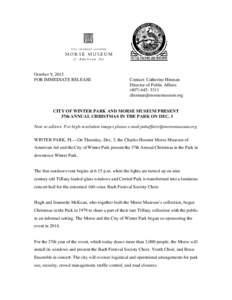 October 9, 2015 FOR IMMEDIATE RELEASE Contact: Catherine Hinman Director of Public Affairs