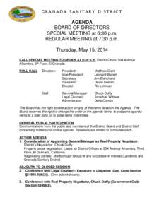 GRANADA SANITARY DISTRICT  AGENDA BOARD OF DIRECTORS SPECIAL MEETING at 6:30 p.m. REGULAR MEETING at 7:30 p.m.