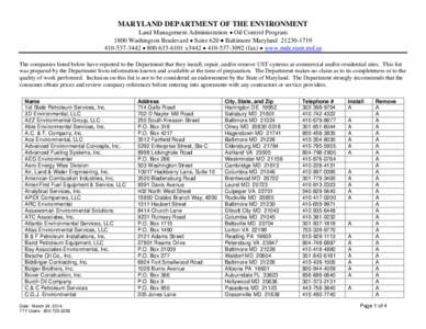 MARYLAND DEPARTMENT OF THE ENVIRONMENT  Land Management Administration  Oil Control Program 1800 Washington Boulevard  Suite 620  Baltimore Maryland[removed][removed]  [removed]x3442  [removed]