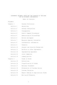 AGREEMENT BETWEEN JAPAN AND THE KINGDOM OF THAILAND FOR AN ECONOMIC PARTNERSHIP Table of Contents Preamble Chapter 1