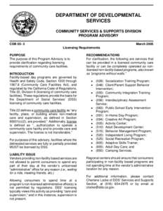 DEPARTMENT OF DEVELOPMENTAL SERVICES COMMUNITY SERVICES & SUPPORTS DIVISION PROGRAM ADVISORY CDB 05- 3