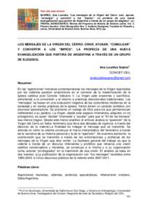 Para citar este artículo:  SUÁREZ, Ana Lourdes “Los mensajes de la Virgen del Cerro: orar, ayunar, “comulgar” y convertir a los “impíos”. La profecía de una nueva evangelización que partirá de Argentina a
