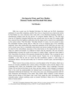 Oral Tradition, [removed]): [removed]On Speech, Print, and New Media: Thomas Nashe and Marshall McLuhan Neil Rhodes