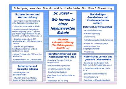 Schulprogramm der Grund- und Mittelschule St. Josef Straubing Soziales Lernen und Werteerziehung - Klare Regeln in der Hausordnung mit aufgezeigten Konsequenzen - Integration benachteiligter Kinder