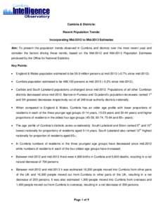 Cumbria & Districts: Recent Population Trends: Incorporating Mid-2012 to Mid-2013 Estimates Aim: To present the population trends observed in Cumbria and districts over the most recent year and consider the factors drivi