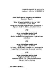 (Judgment reserved on[removed]Judgment delivered on[removed]In the High Court of Judicature at Allahabad (Lucknow Bench) Other Original Suit (O.O.S.) No.1 of 1989