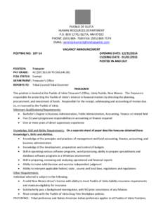 PUEBLO OF ISLETA HUMAN RESOURCES DEPARTMENT P.O. BOX 1270, ISLETA, NM[removed]PHONE: ([removed]FAX: ([removed]EMAIL: [removed] POSTING NO: 107-14