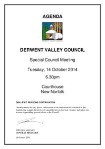AGENDA  DERWENT VALLEY COUNCIL Special Council Meeting Tuesday, 14 October30pm