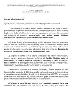 INTERVENCIÓN DEL SUBSECRETARIO RODOLFO LACY PARA EL SEGMENTO DE ALTO NIVEL SOBRE LA PLATAFORMA DE DURBAN 15:30 am, Plenario Cusco Lima, Perú, miércoles 10 de diciembre de[removed]Gracias Señor Presidente.