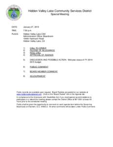 Hidden Valley Lake Community Services District Special Meeting DATE:  January 27, 2015