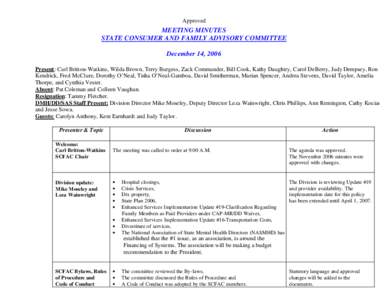 Approved  MEETING MINUTES STATE CONSUMER AND FAMILY ADVISORY COMMITTEE December 14, 2006 Present: Carl Britton-Watkins, Wilda Brown, Terry Burgess, Zack Commander, Bill Cook, Kathy Daughtry, Carol DeBerry, Judy Dempsey, 