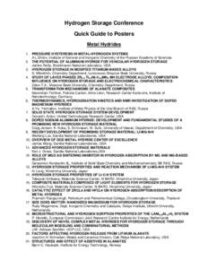 Hydrogen Storage Conference Quick Guide to Posters Metal Hydrides 1. PRESSURE HYSTERESIS IN METAL-HYDROGEN SYSTEMS A.L.Shilov, Institute of General and Inorganic Chemistry of the Russian Academy of Sciences 2. THE POTENT