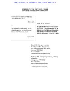 Case 5:14-cvcr Document 81 FiledPage 1 of 15  UNITED STATES DISTRICT COURT FOR THE DISTRICT OF VERMONT  GROCERY MANUFACTURERS