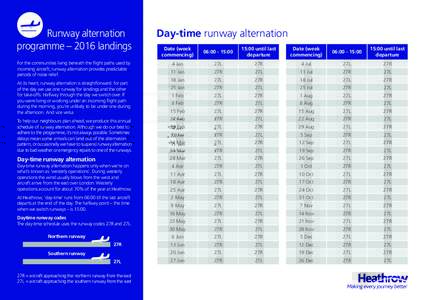 Runway alternation programme – 2016 landings For the communities living beneath the flight paths used by incoming aircraft, runway alternation provides predictable periods of noise relief. At its heart, runway alternat