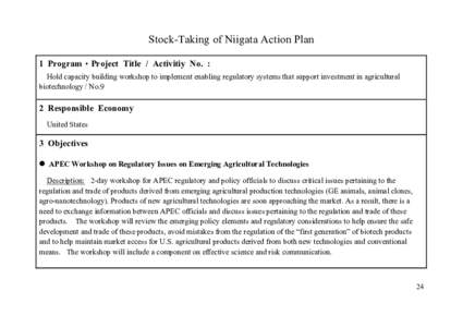 Stock-Taking of Niigata Action Plan 1 Program・Project Title / Activitiy No. : Hold capacity building workshop to implement enabling regulatory systems that support investment in agricultural biotechnology / No.9  2 Res