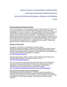 National Oceanic and Atmospheric Administration Information Exchange for Marine Educators Archive of Educational Programs, Activities, and Websites P to Z  Environmental and Ocean Literacy