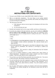 The 17th NOI[removed]INSTRUCTIONS FOR CONTESTANTS 1. You are to solve FOUR (4) tasks within FOUR AND A HALF[removed]hours.