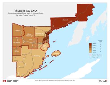 Thunder Bay CMA Percentage of population aged 65 years and over by 2006 Census Tract (CT) Shuniah ns Tra