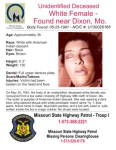 Unidentified Deceased  White Female Found near Dixon, Mo. Missouri Missing Persons Clearinghouse