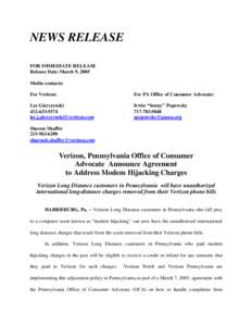 NEWS RELEASE FOR IMMEDIATE RELEASE Release Date: March 9, 2005 Media contacts: For Verizon: