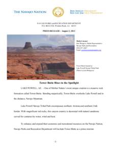 NAVAJO PARKS and RECREATION DEPARTMENT P.O. BOX 2520, Window Rock, Az[removed]PRESS RELEASE : August 2, 2012	
    Media Contact: