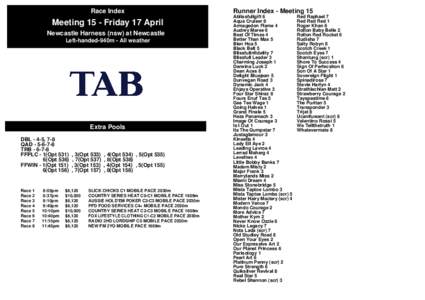 Race Index  Meeting 15 - Friday 17 April Newcastle Harness (nsw) at Newcastle Left-handed-940m - All weather